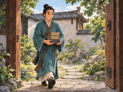 Young Chinese scholar teal robe entering quiet house garden carrying books.