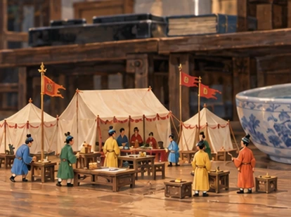 Miniature human attendants setting tables and tents on floor beside large study desk.