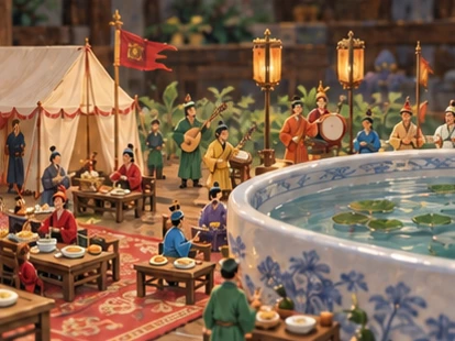 Tiny colourful human court feasting beside saucer lake with miniature tents and musicians.