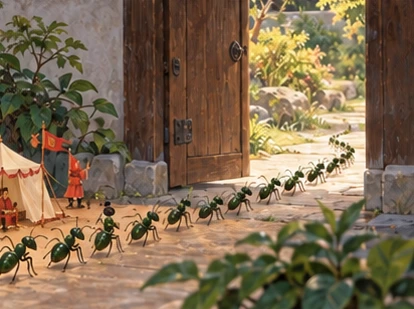 Tiny court fading gently into trail of green-tinted ordinary ants heading through open doorway.