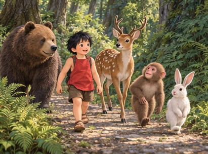 Boy walking forest path with exactly bear deer monkey hare, calm companionship.