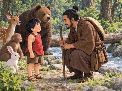Traveller brown robe greeting boy near completed log bridge and animal friends.