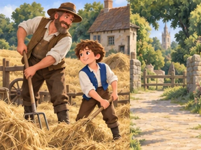 Blue-vest Jack works beside farmer then carries one small coin home.