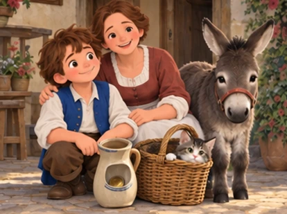 Jack and mother smile beside correctly carried coin jug basket and donkey.