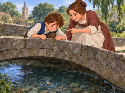 Jack watches coin sink beneath small stone bridge while mother advises him nearby.