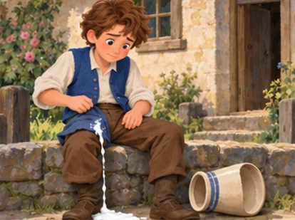 Jack looks at milk leaking from pocket while empty jug rests beside him.