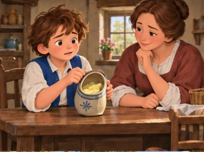 Jack shows mother squashed cheese in narrow jug at cottage table.