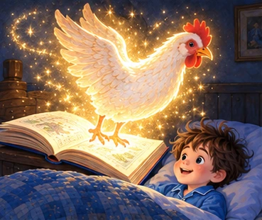 Dream hen emerges gently from glowing geography book beside sleeping Tuk.