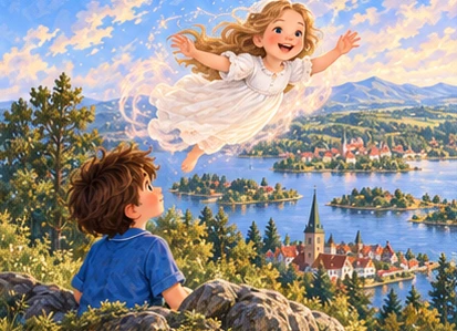 Dream older Augusta gently floats above Danish woods lakes and towns as Tuk watches.
