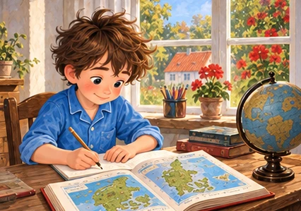 Awake Tuk practises geography beside sunny window with book open.