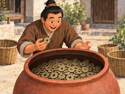 Farmer watching brushes replaced by round coins inside cask, empty baskets nearby.