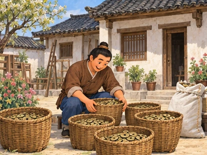Farmer crouching among coin baskets in courtyard, repaired house and unopened seed bag nearby.