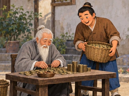 Grandfather safely seated at low coin-sorting table, tired expression, farmer holding another basket.