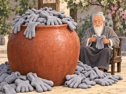 Soft grey gloves overflowing terracotta cask, grandfather safely seated separate from cask, no person inside.
