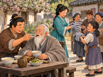 Farmer giving grandfather warm meal at table, wife offering gloves to neighbours outside.