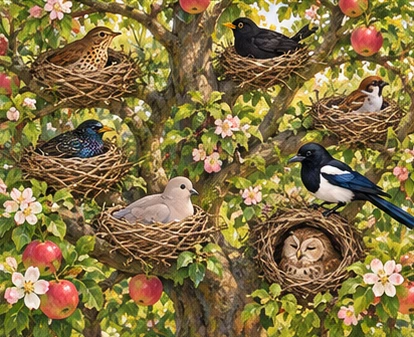 Orchard with several distinct cosy nests and peacefully resting birds.