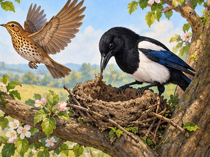 Thrush flies away while magpie shapes mud cup on connected branches.