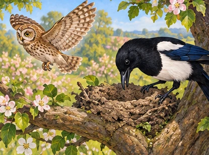 Owl departs while magpie smooths mud on partly completed nest.