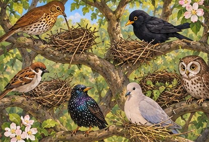 Birds inspect unfinished nests then gather again around magpie teacher.