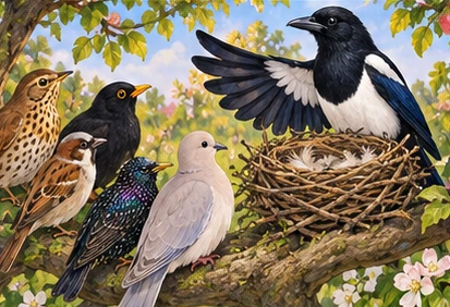 All six bird pupils attentively watch magpie demonstrate complete nest.