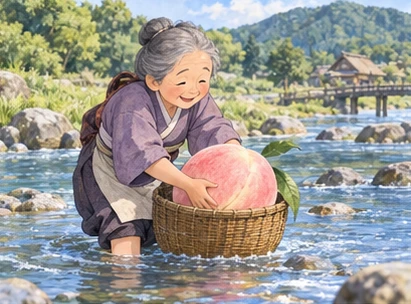 Elderly Japanese woman beside shallow river lifting giant peach into basket, fully supported fruit.