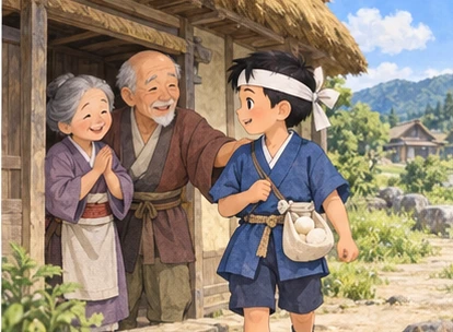 Older boy blue kimono white headband receiving rice-cake pouch at cottage door.