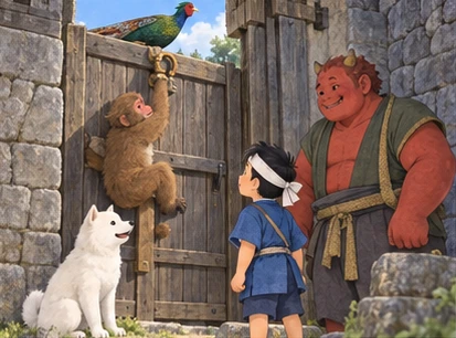 Pheasant above side gate, monkey reaching latch, dog and boy outside castle, friendly red ogre.