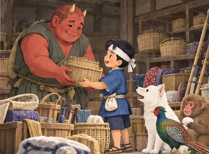 Friendly red ogre handing household baskets and tools to four friends, no weapons or restraints.