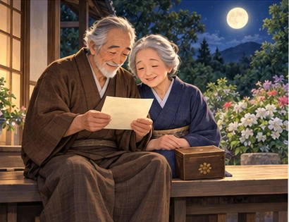 Elderly couple reading keepsake letter together under moonlit veranda and blooming garden, gentle hopeful mood.