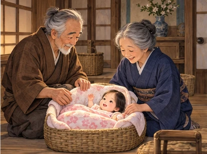 Elderly couple placing tiny baby into soft small bed inside cottage.