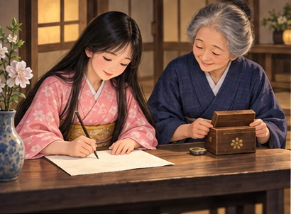 Girl writing blank-looking letter no visible lettering, elderly mother holding small wooden keepsake box.