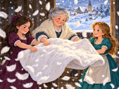 Both sisters and Mother Holle shake feather quilt as snow falls outside.