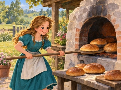 Teal-dress girl uses long bread paddle to lift loaves from an outdoor oven.