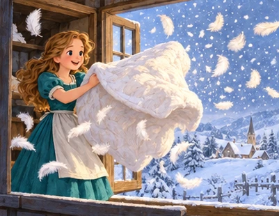 Girl shakes feather quilt by open window as feathers turn into distant snowflakes.