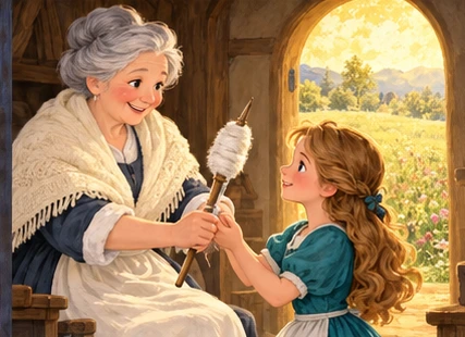 Mother Holle gives spindle to girl beside a golden meadow doorway.