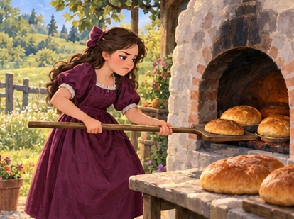 Plum-dress sister carefully lifts bread with paddle at the meadow oven.