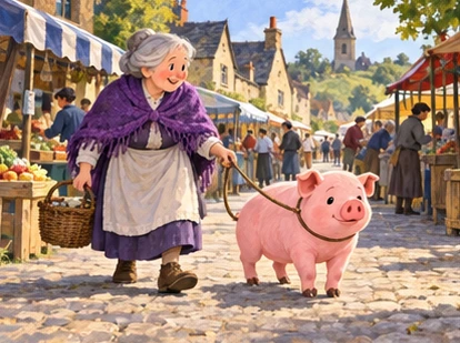 Purple-shawled old woman leads pink pig from market toward wooden gate.