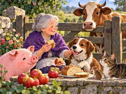 Old woman shares apples and bread with animal helpers beside repaired gate.