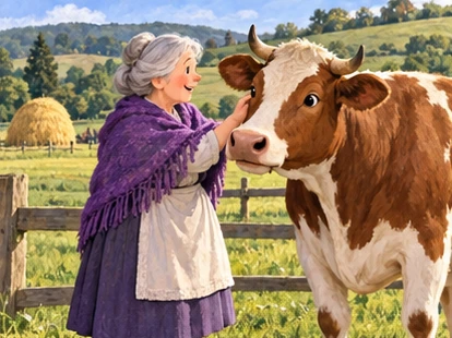 Old woman talks to brown cow beside field with distant haystack.