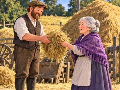 Farmer gives old woman small hay bundle beside tidy haystack.