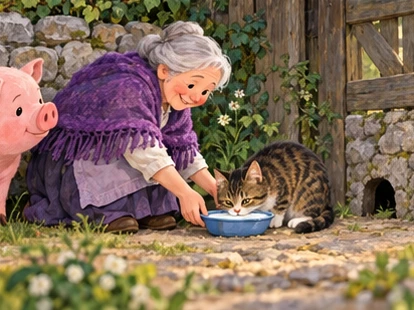 Old woman places milk saucer before tabby cat near mouse hole.