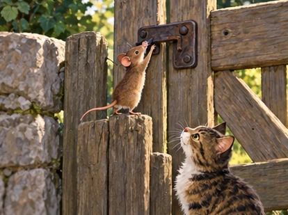 Mouse safely climbs connected gatepost to lift small latch while cat watches.