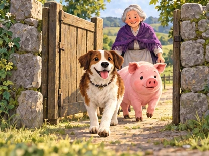 Open wooden gate with dog gently leading pink pig through.