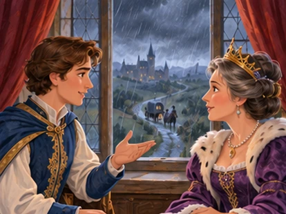 Prince and queen talk beside palace window overlooking distant roads.