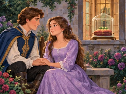 Prince and princess talk in garden with pea display case visible through window.