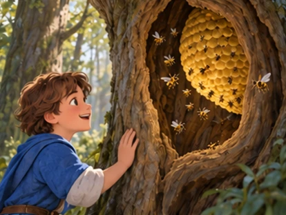 Blue-tunic brother admires intact hive inside a connected hollow tree.