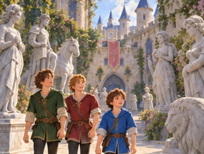 Three brothers enter a castle courtyard filled with gentle stone statues.