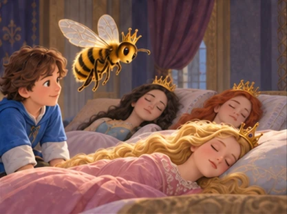 Queen bee hovers over one of three sleeping princesses as brother watches.