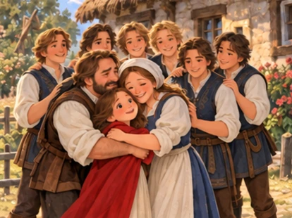 Parents welcome red-cloaked sister and seven brothers outside village cottage.