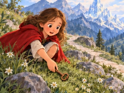 Girl finds wooden key beneath grass along the glass-mountain path.